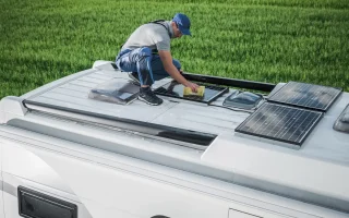 Un homme qui Installe un panneau solaire pour un van