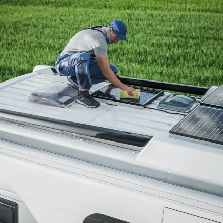 Un homme qui Installe un panneau solaire pour un van