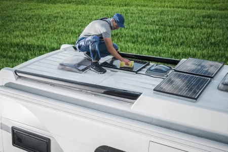 Un homme qui Installe un panneau solaire pour un van